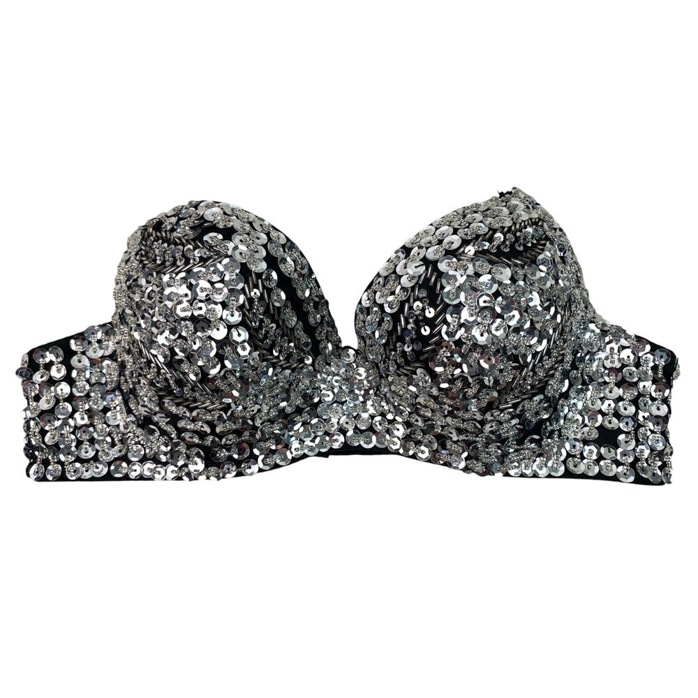 iHeartRaves Women's M Black Padded Silver Sequin Beaded Strapless Bra Top *